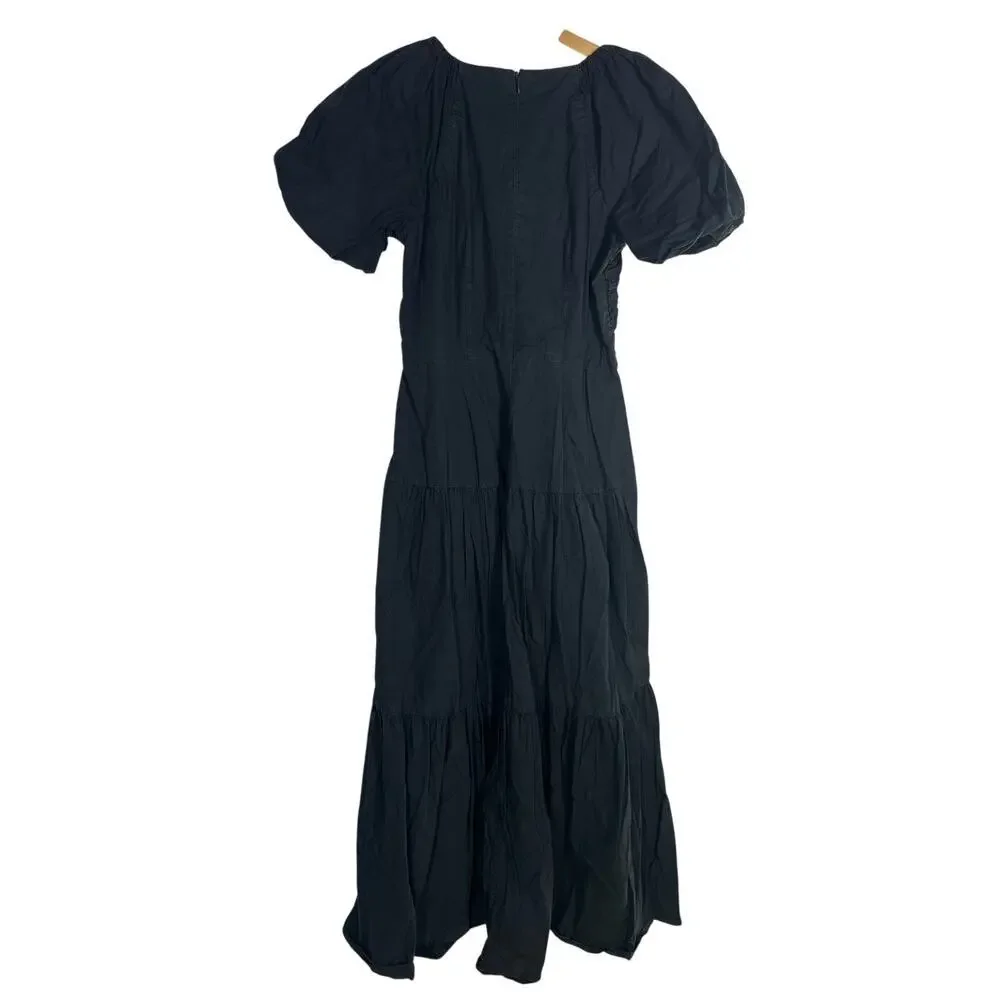 Club Monaco Smocked Tiered Dress Short Puff Sleeve V-Neck Maxi A-Line Black 2